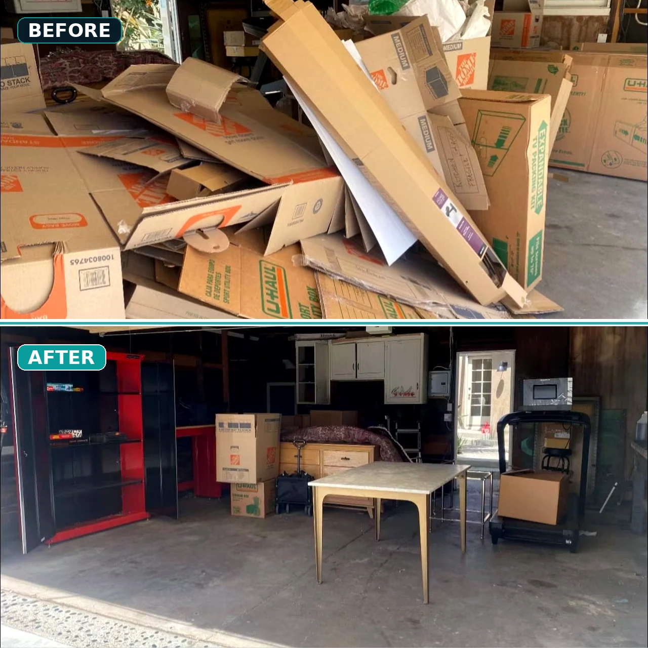 Before and after garage cleanout completed by Rancho Removal in San Diego