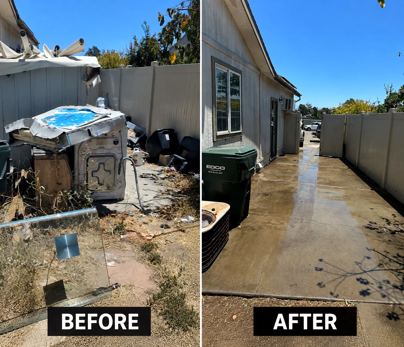 Before and after side-yard property cleanout in San Diego